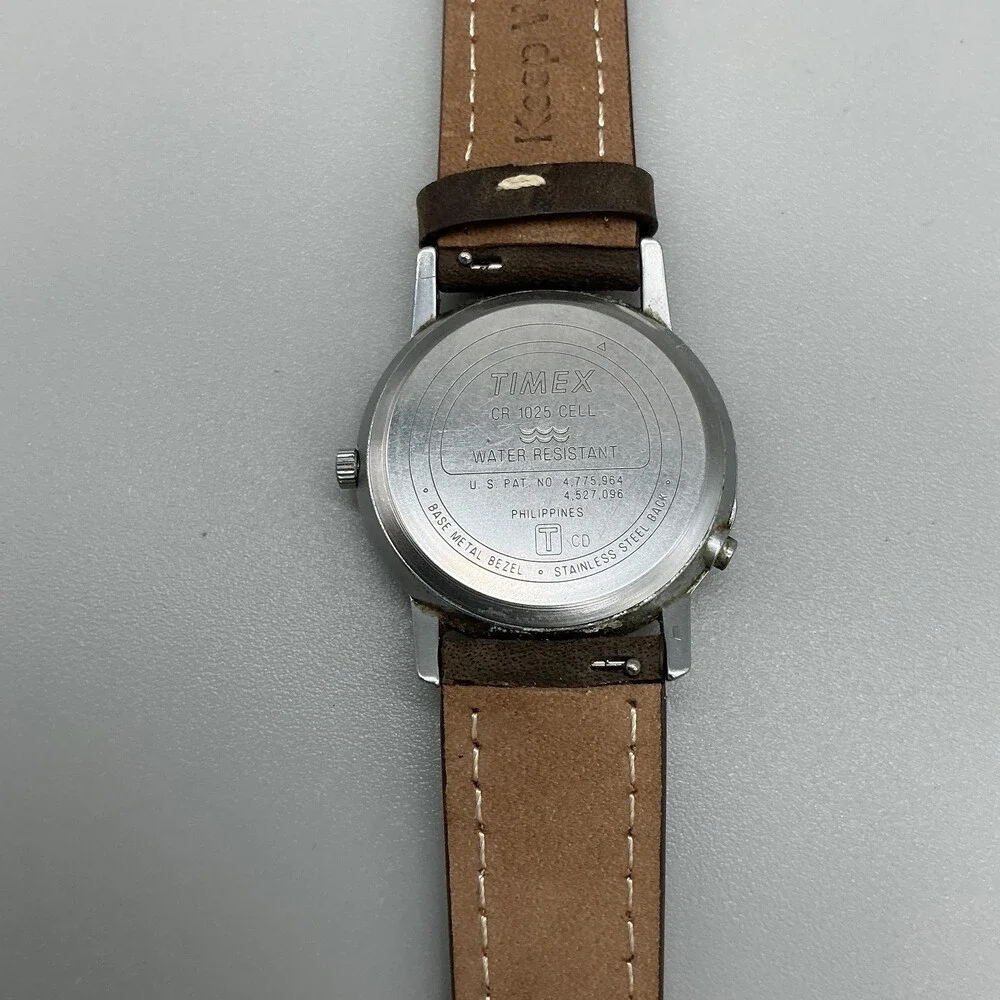Timex Indiglo Mens Watch 33mm Silver Tone Brown Leather Strap New Battery